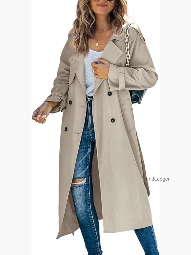 Double Breasted Long Trench Coat Windproof Lapel Slim Overcoat With Belt
